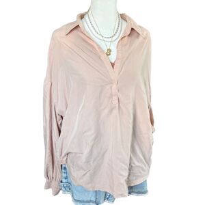 Free People Pink Smocked Cuff V-Neck Blouse Long Sleeve Boho Top Medium
